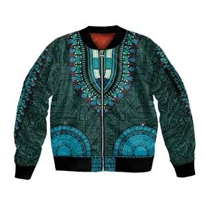 Teal Dashiki and Tapa Pattern Sleeve Zip Bomber Jacket Africa-Polynesia Together Culture LT9
