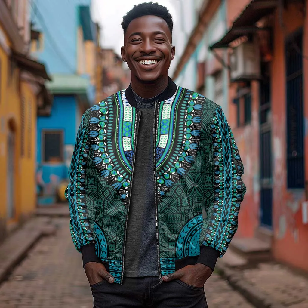 Teal Dashiki and Tapa Pattern Sleeve Zip Bomber Jacket Africa-Polynesia Together Culture LT9