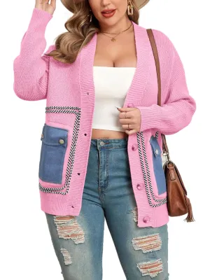 Theenkoln Womens Plus Size Cardigan:Lightweight Open Front Button Down Knit Chunky Outwear Coats with Pockets Pink X-Large