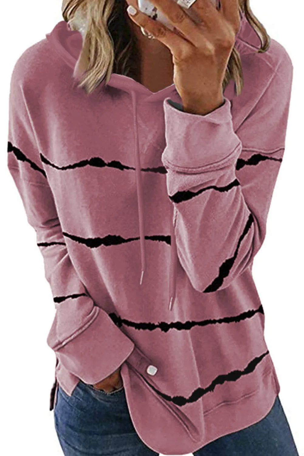 Tie-dye Striped Drawstring Hoodie with Side Split