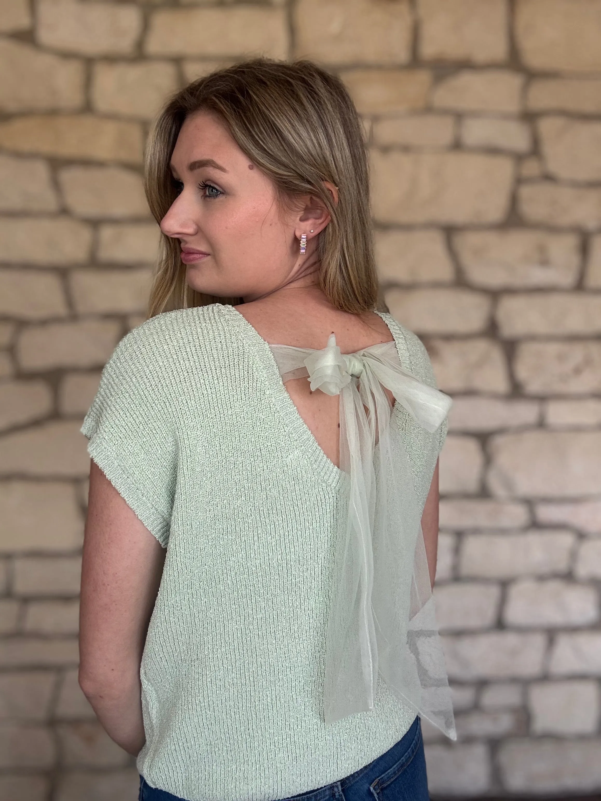 Tulle Bow Sweater Shirt- Sage