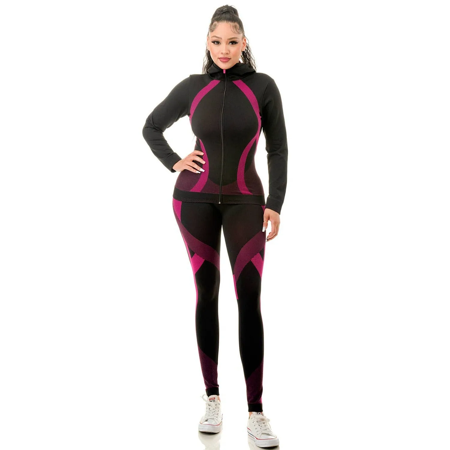 Two Piece Active Zip Up Hooded Jacket   Leggings Set in Fuchsia - One Size S/M