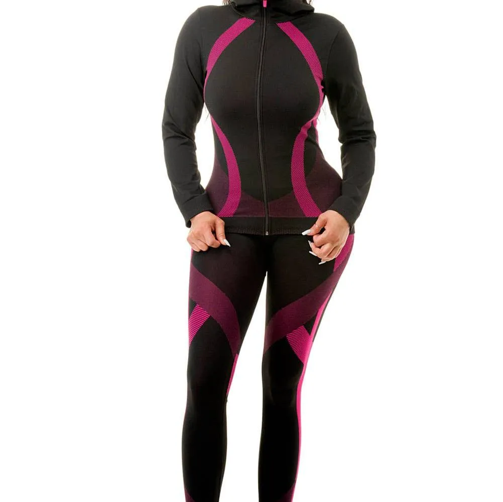 Two Piece Active Zip Up Hooded Jacket   Leggings Set in Fuchsia - One Size S/M