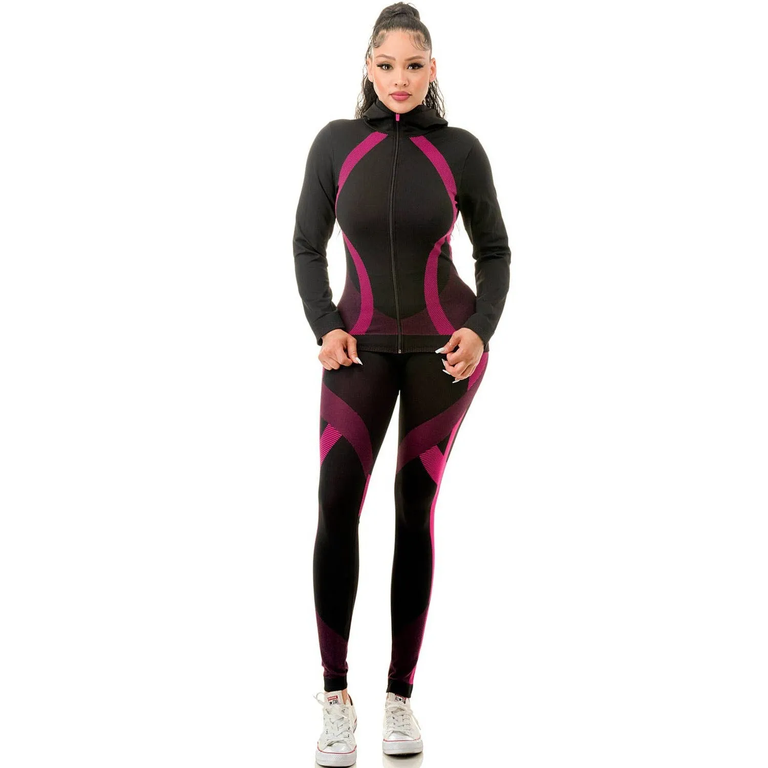 Two Piece Active Zip Up Hooded Jacket   Leggings Set in Fuchsia - One Size S/M