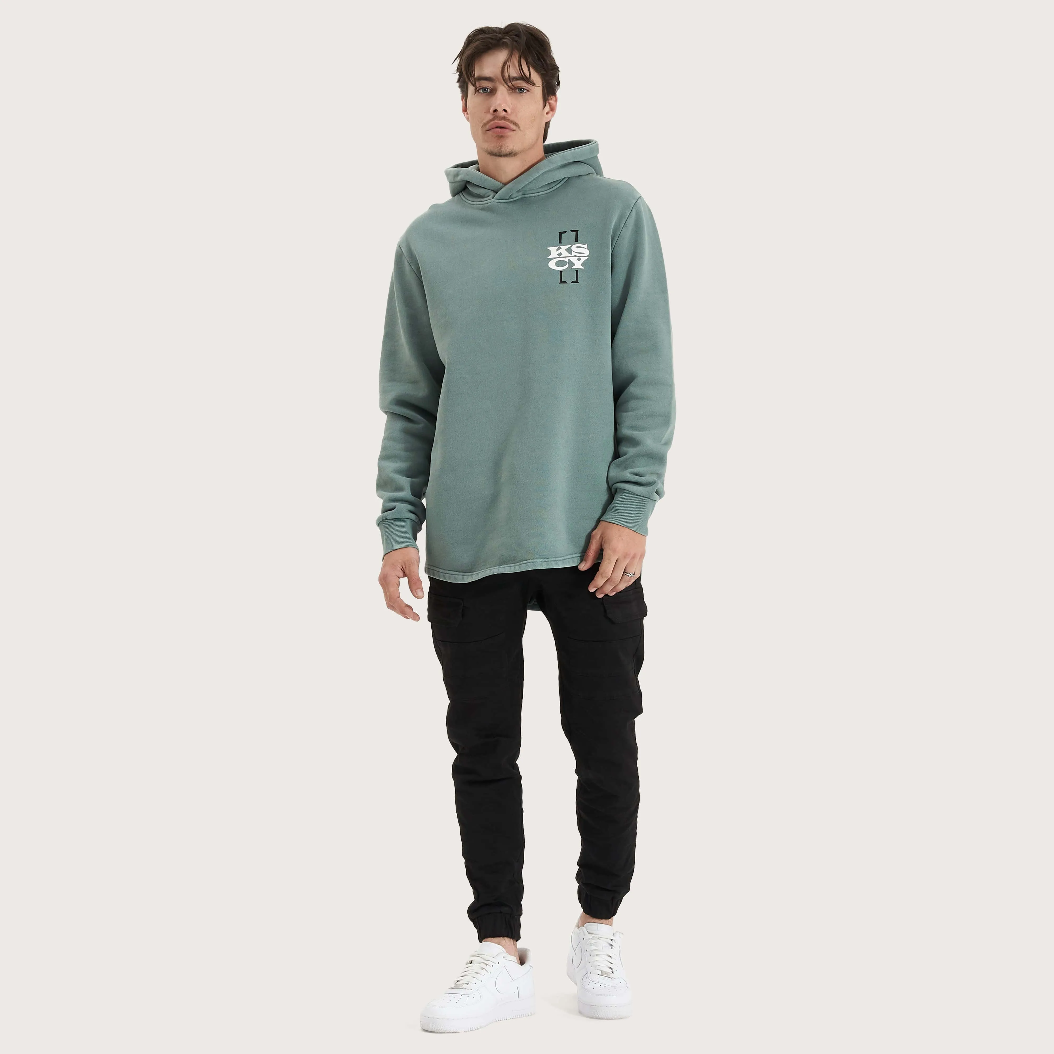 Unstated Heavy Hooded Dual Curved Sweater Pigment Trellis