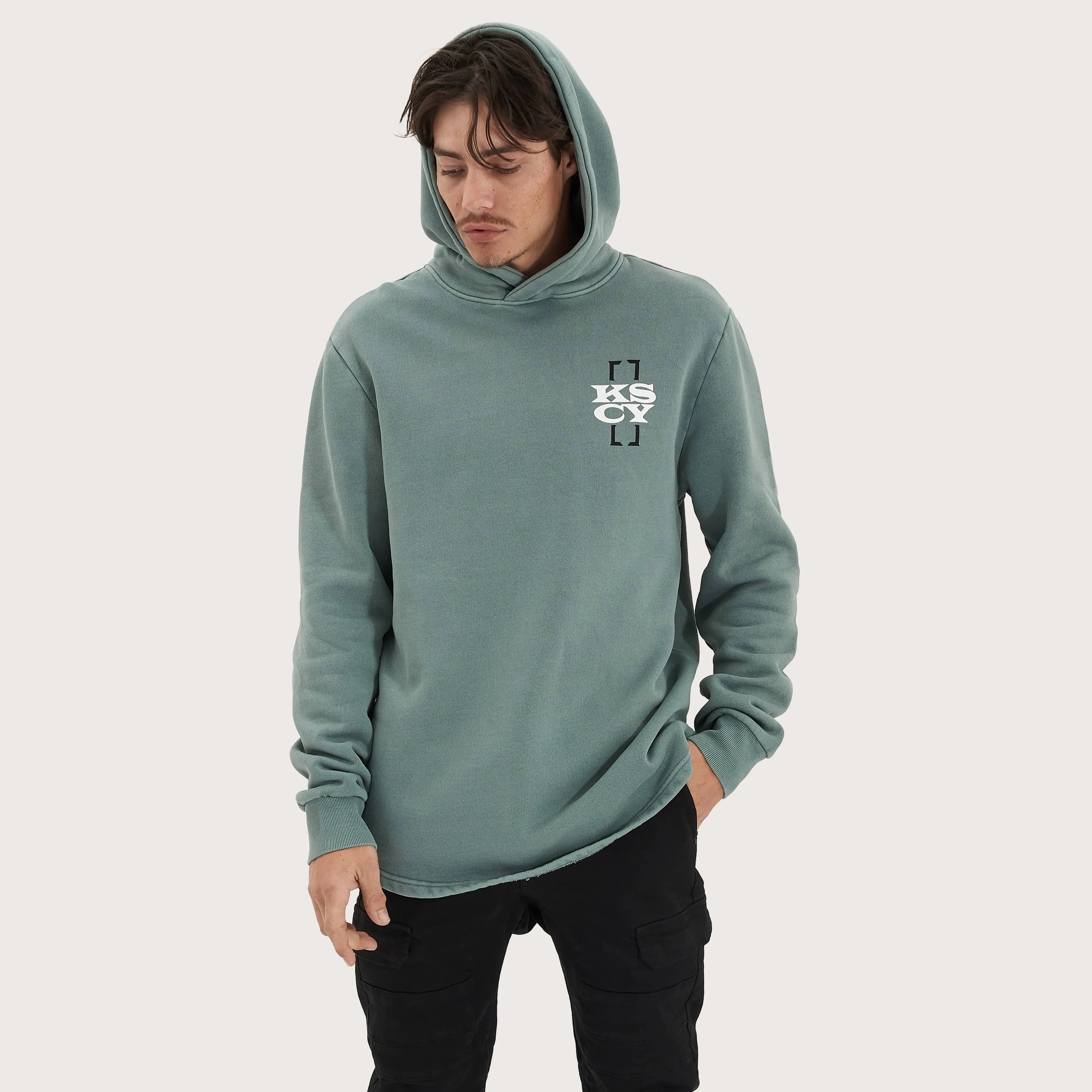 Unstated Heavy Hooded Dual Curved Sweater Pigment Trellis
