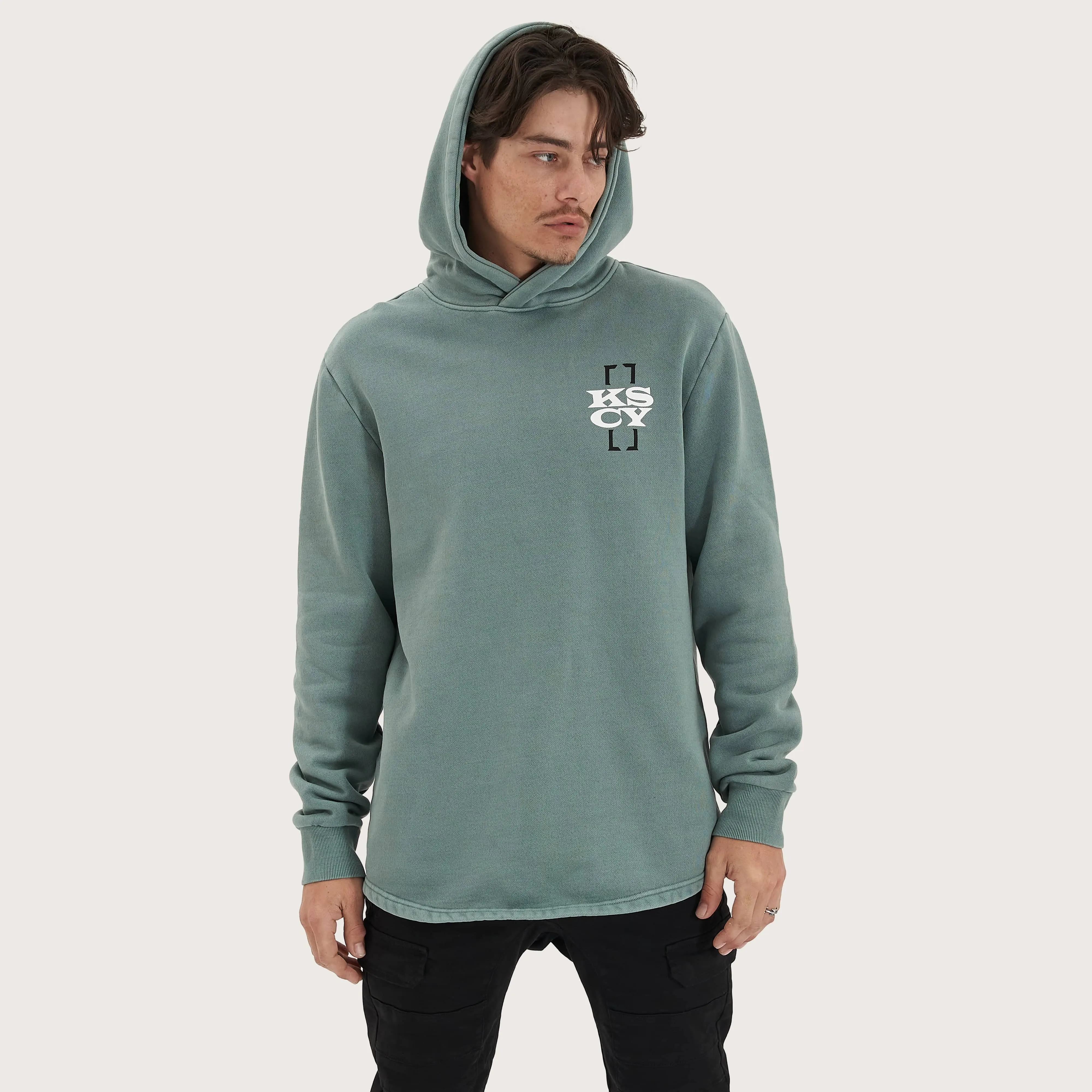 Unstated Heavy Hooded Dual Curved Sweater Pigment Trellis