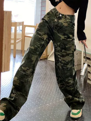 Urban Edge Camouflage Cargo Straight-Leg Denim Pants for Bold Street Style