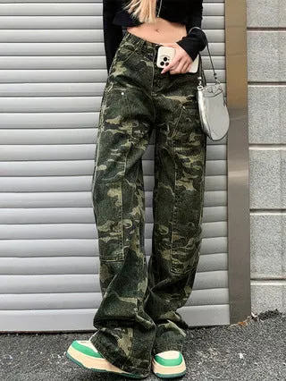 Urban Edge Camouflage Cargo Straight-Leg Denim Pants for Bold Street Style