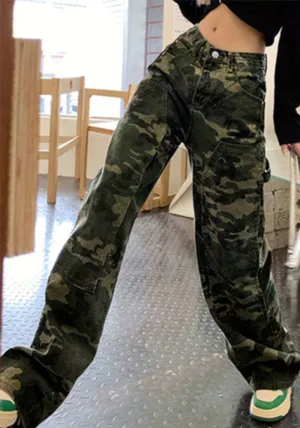 Urban Edge Camouflage Cargo Straight-Leg Denim Pants for Bold Street Style