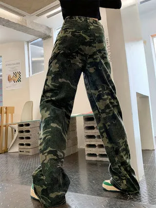 Urban Edge Camouflage Cargo Straight-Leg Denim Pants for Bold Street Style