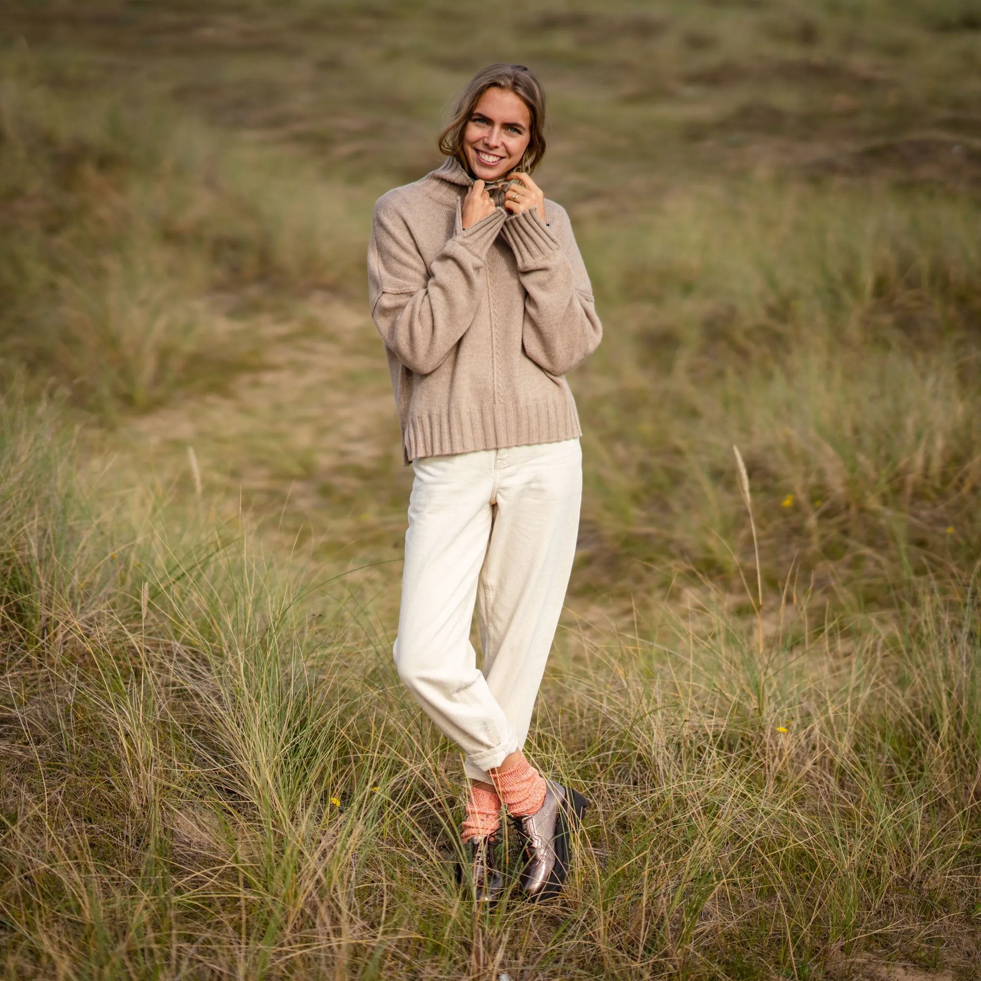 VAN KUKIL Reese High Neck Jumper in Sand Storm