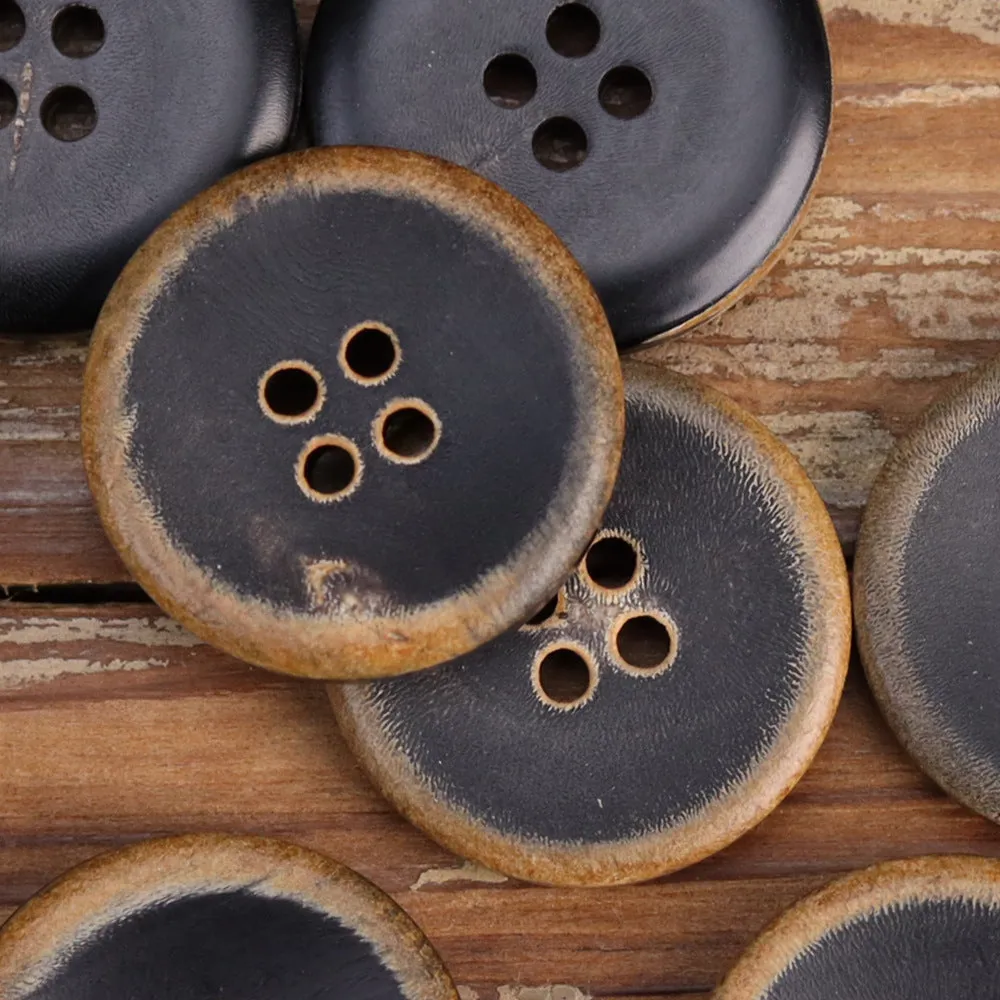 Vintage Bowl-Shaped Four-Hole Black Burnished Horn Buttons 25 Pack