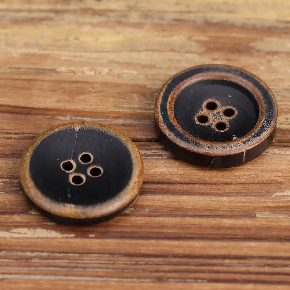 Vintage Bowl-Shaped Four-Hole Black Burnished Horn Buttons 25 Pack