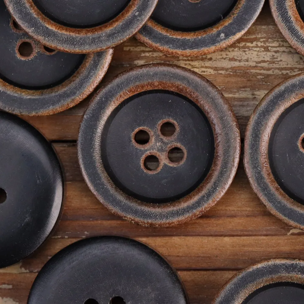 Vintage Bowl-Shaped Four-Hole Black Burnished Horn Buttons 25 Pack