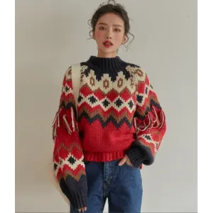 Vintage Red Jacquard Knit Sweater: Long Sleeve, Warm for Autumn/Winter