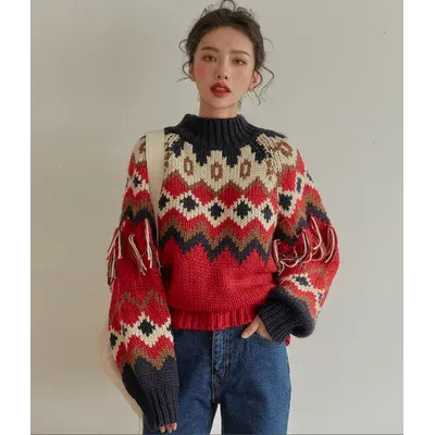 Vintage Red Jacquard Knit Sweater: Long Sleeve, Warm for Autumn/Winter