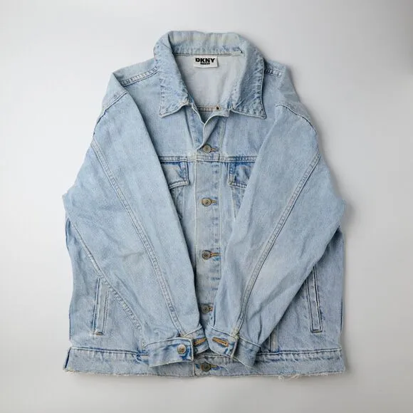 VTG DKNY Jean Jacket Women's M Blue Denim Button-Front 90s Y2K Light Wash Retro