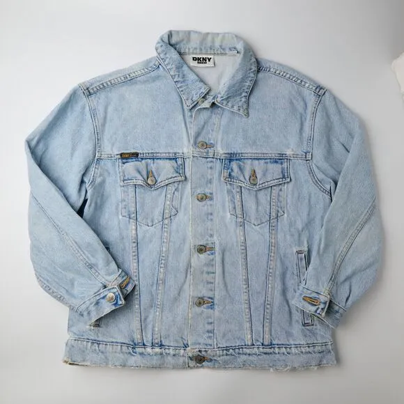 VTG DKNY Jean Jacket Women's M Blue Denim Button-Front 90s Y2K Light Wash Retro