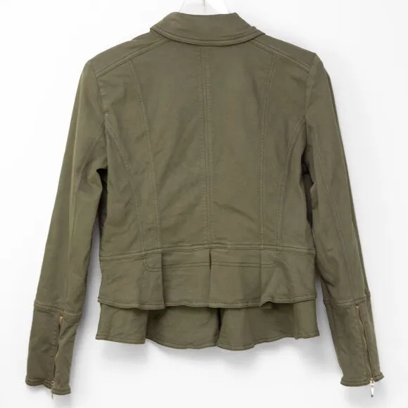 White House Black Market Snap Front Peplum Jacket Denim Olive Green Size 12