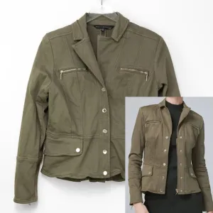 White House Black Market Snap Front Peplum Jacket Denim Olive Green Size 12