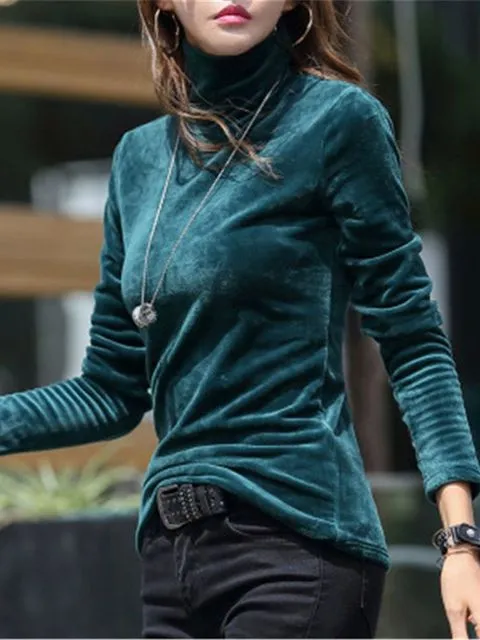 Women Turtleneck Sweater Thick Warm Winter Velvet Top
