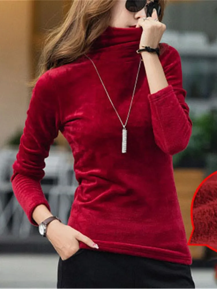 Women Turtleneck Sweater Thick Warm Winter Velvet Top