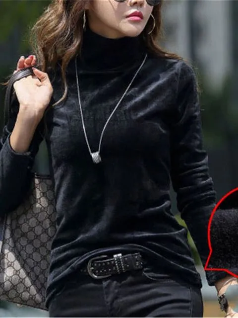 Women Turtleneck Sweater Thick Warm Winter Velvet Top