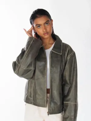 Womens 90’s Distressed Boxy Leather Jacket