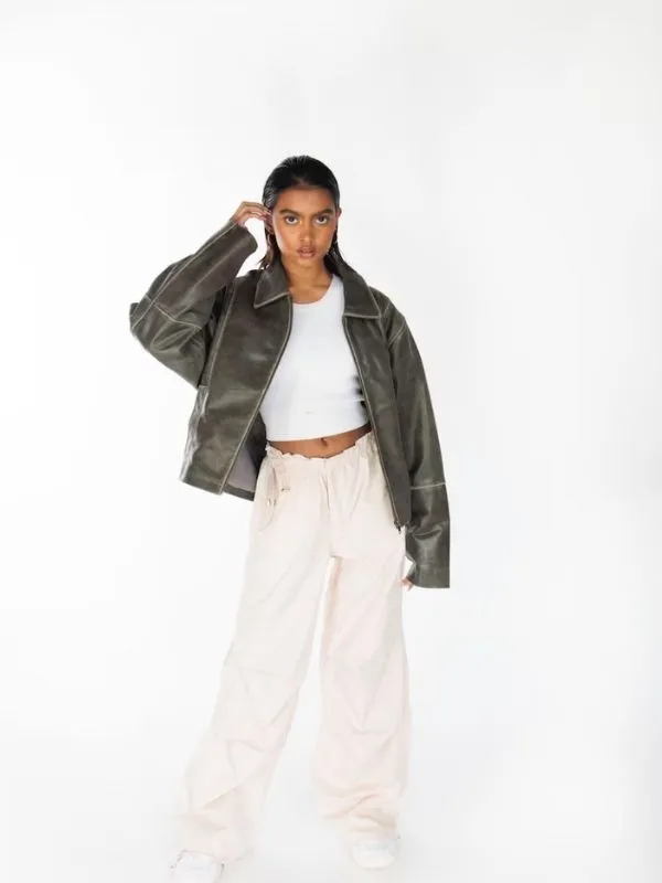 Womens 90’s Distressed Boxy Leather Jacket