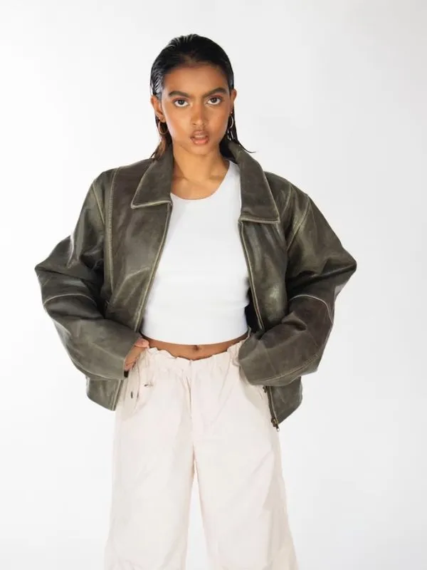Womens 90’s Distressed Boxy Leather Jacket