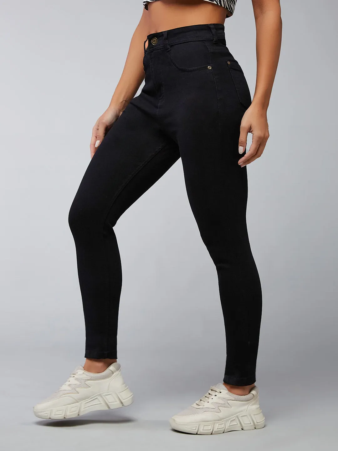 Women's Black Slim-Fit Embellished High-Rise Stretchable Denim Jeans