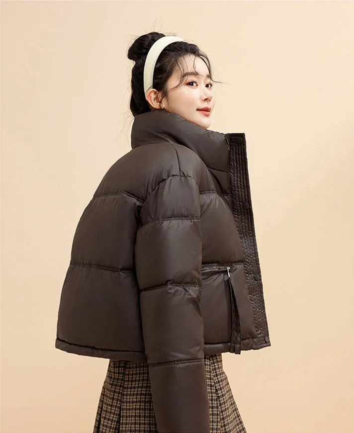 Women's Cropped Puffer Jacket with Full-Zip and Elastic Hem Enclosure