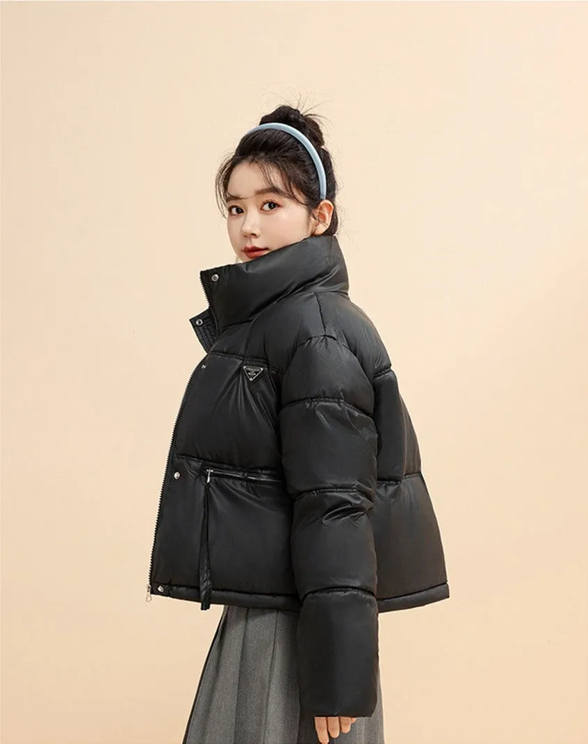 Women's Cropped Puffer Jacket with Full-Zip and Elastic Hem Enclosure