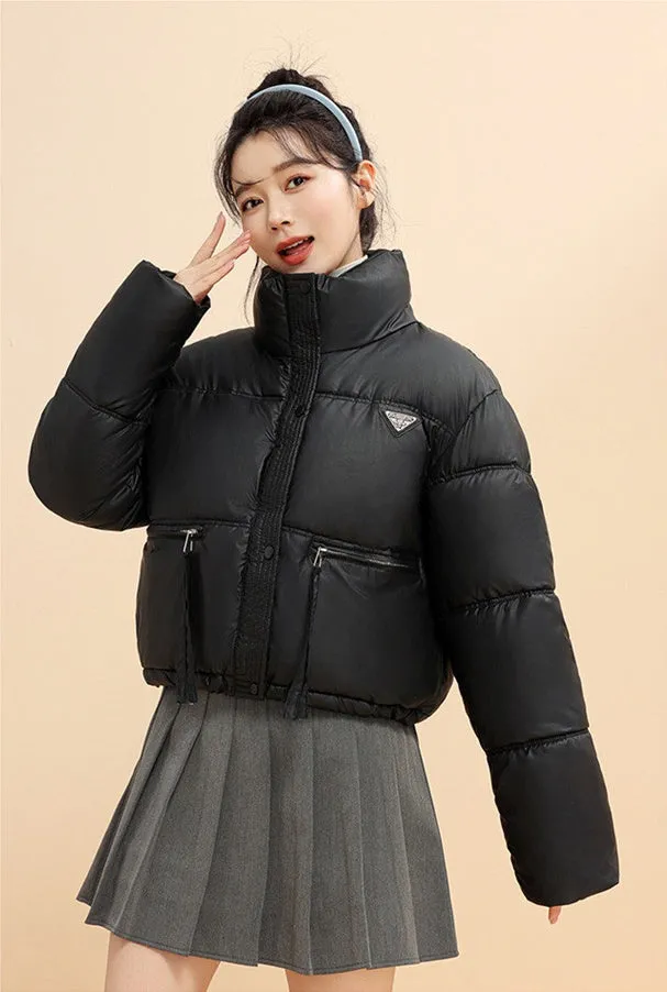 Women's Cropped Puffer Jacket with Full-Zip and Elastic Hem Enclosure