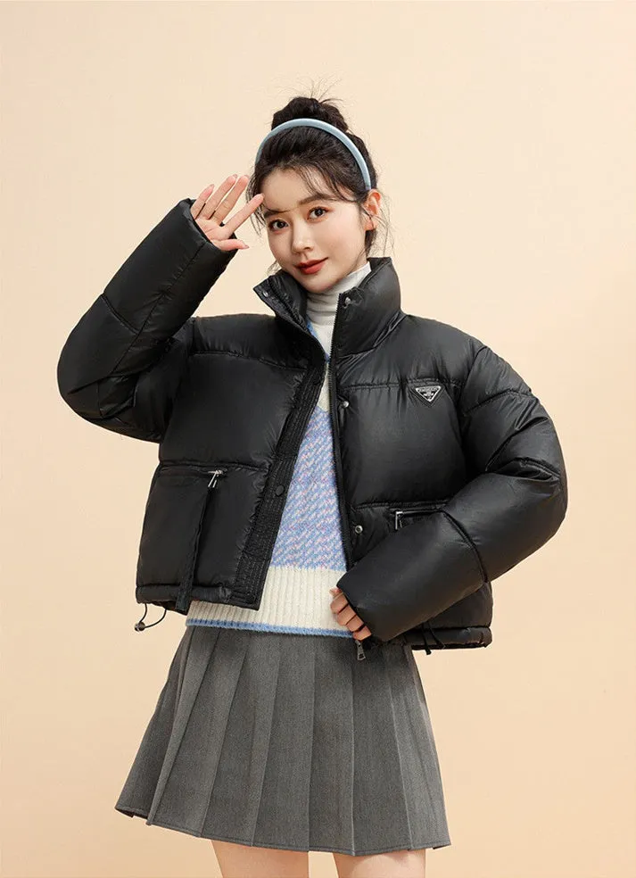 Women's Cropped Puffer Jacket with Full-Zip and Elastic Hem Enclosure