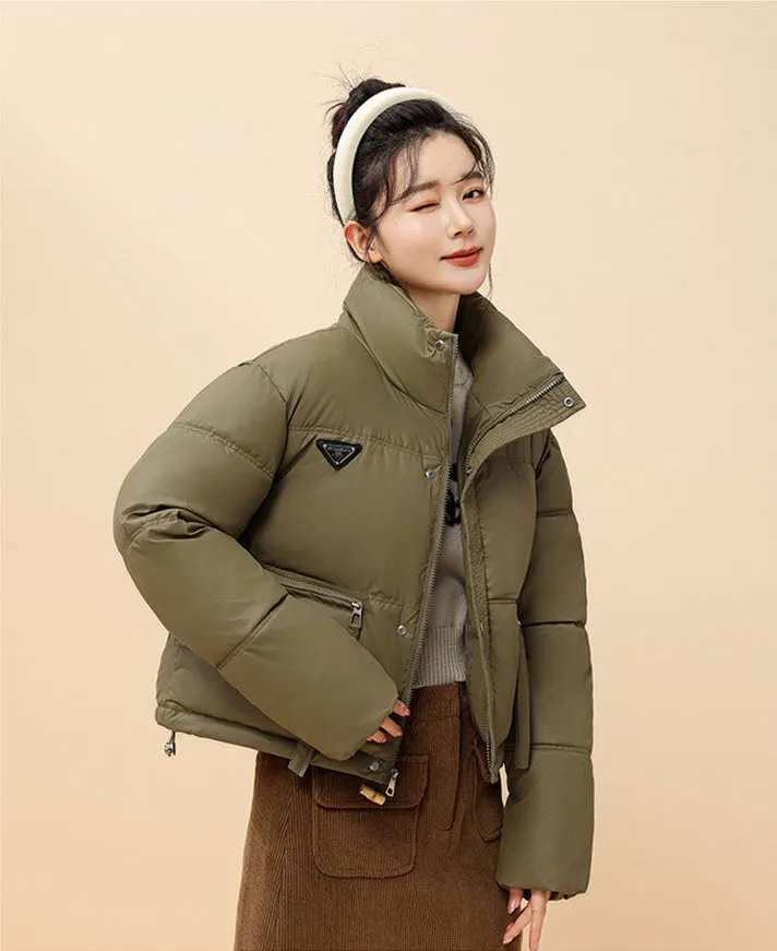 Women's Cropped Puffer Jacket with Full-Zip and Elastic Hem Enclosure