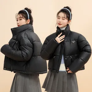 Women's Cropped Puffer Jacket with Full-Zip and Elastic Hem Enclosure