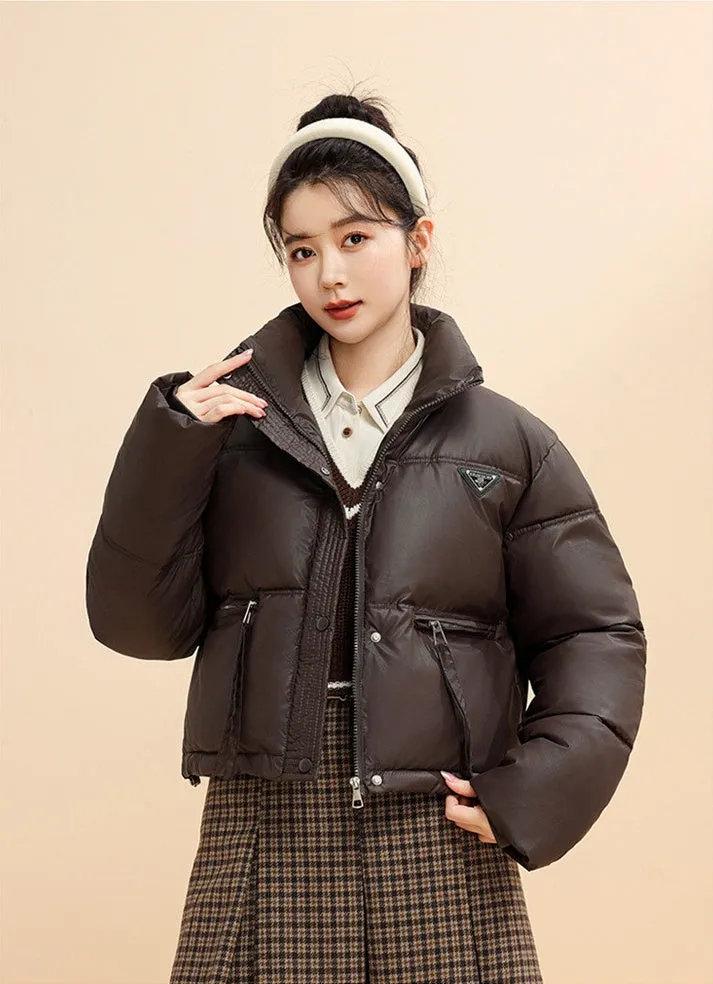 Women's Cropped Puffer Jacket with Full-Zip and Elastic Hem Enclosure