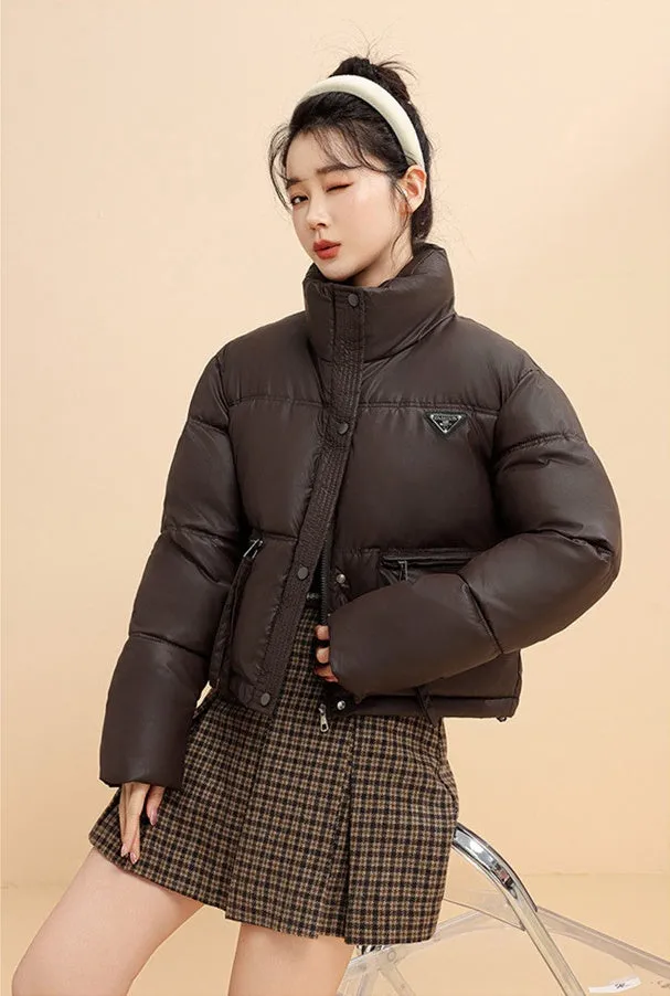 Women's Cropped Puffer Jacket with Full-Zip and Elastic Hem Enclosure