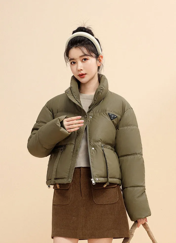 Women's Cropped Puffer Jacket with Full-Zip and Elastic Hem Enclosure