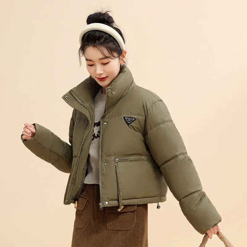 Women's Cropped Puffer Jacket with Full-Zip and Elastic Hem Enclosure