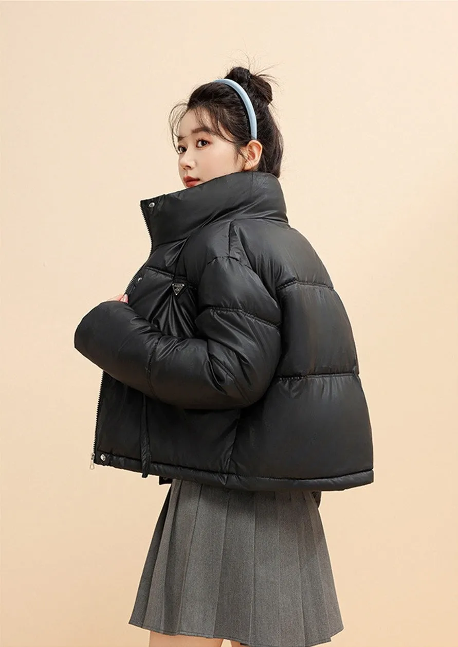Women's Cropped Puffer Jacket with Full-Zip and Elastic Hem Enclosure