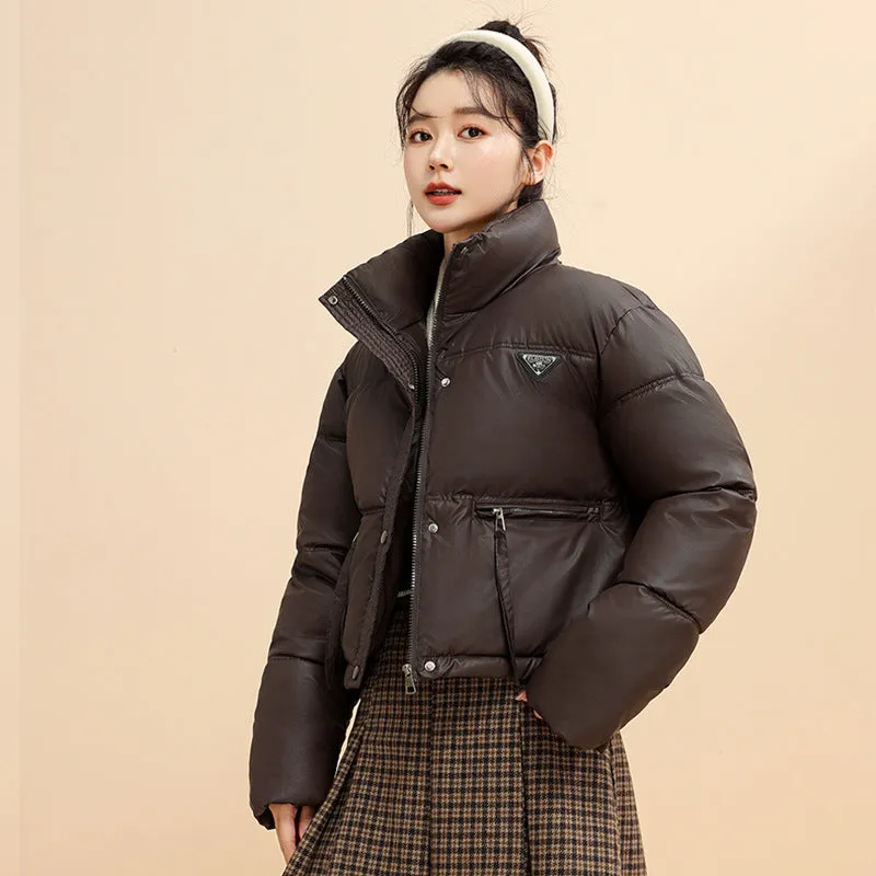 Women's Cropped Puffer Jacket with Full-Zip and Elastic Hem Enclosure