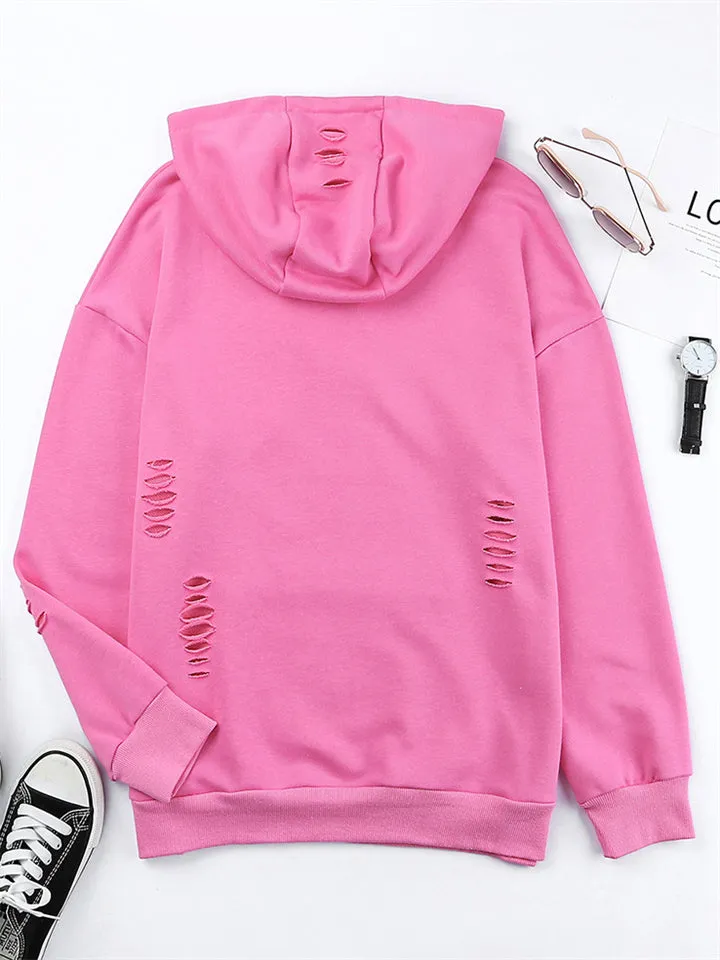 Women's Fashion Ripped Design Kangaroo Pocket Drawstring Hoodie