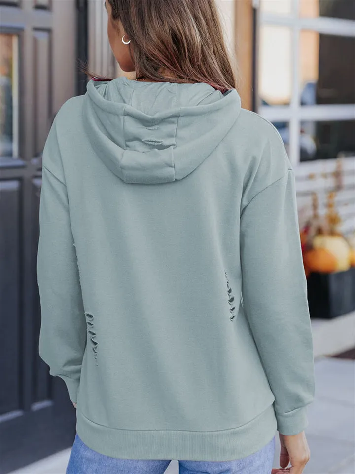 Women's Fashion Ripped Design Kangaroo Pocket Drawstring Hoodie