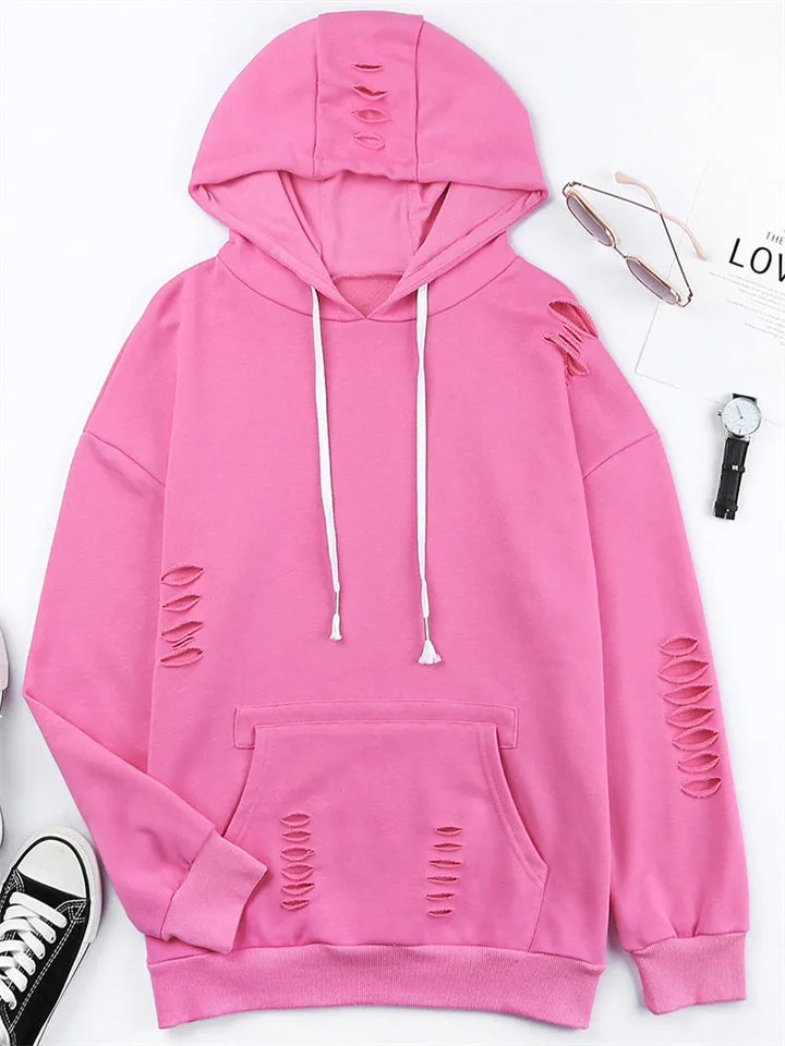 Women's Fashion Ripped Design Kangaroo Pocket Drawstring Hoodie