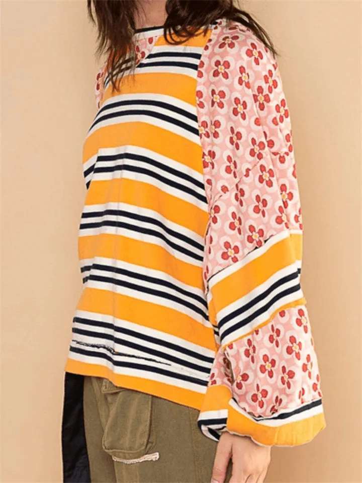 Women's Floral Striped Color Blocking Crew-neck Sweatshirt