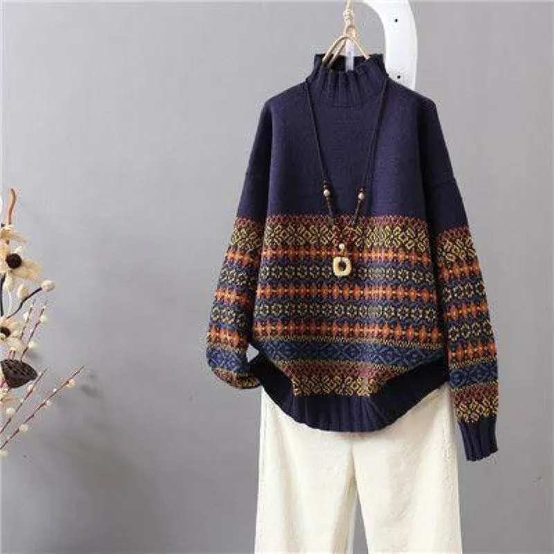 Women's Half Turtleneck Pullover Artistic Retro