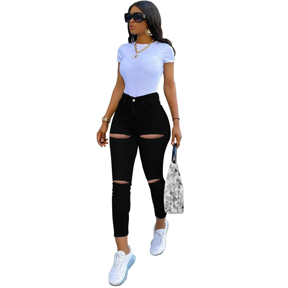 Women's High Waist Skinny Denim Jeans with Rips